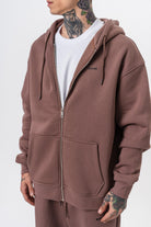 Erkek Respire Yazı Detaylı Kapüşonlu Basic Zip Oversize Hoodie Kakao