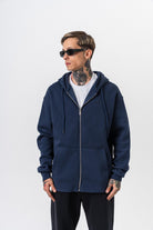 Erkek Respire Yazı Detaylı Kapüşonlu Basic Zip Oversize Hoodie Lacivert