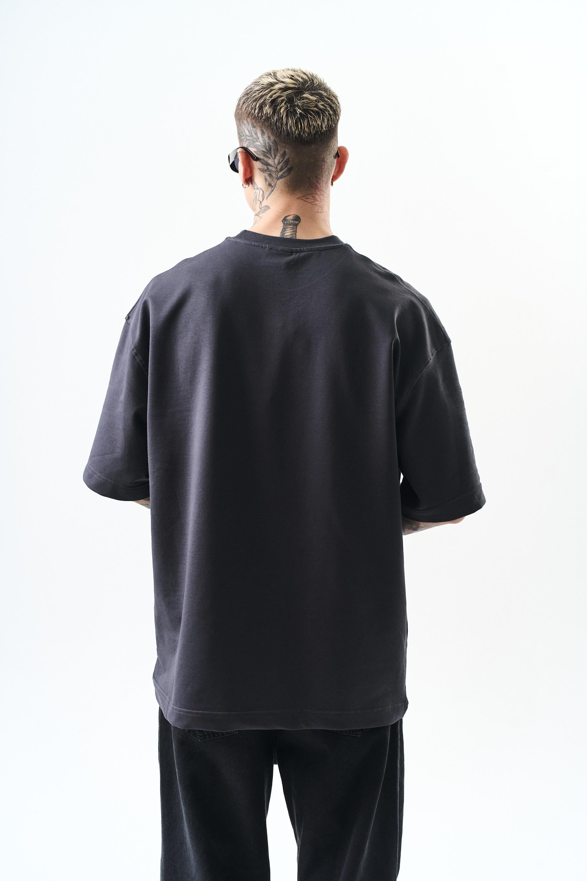 Erkek Respire Yazı Detaylı Oversize T-Shirt Füme