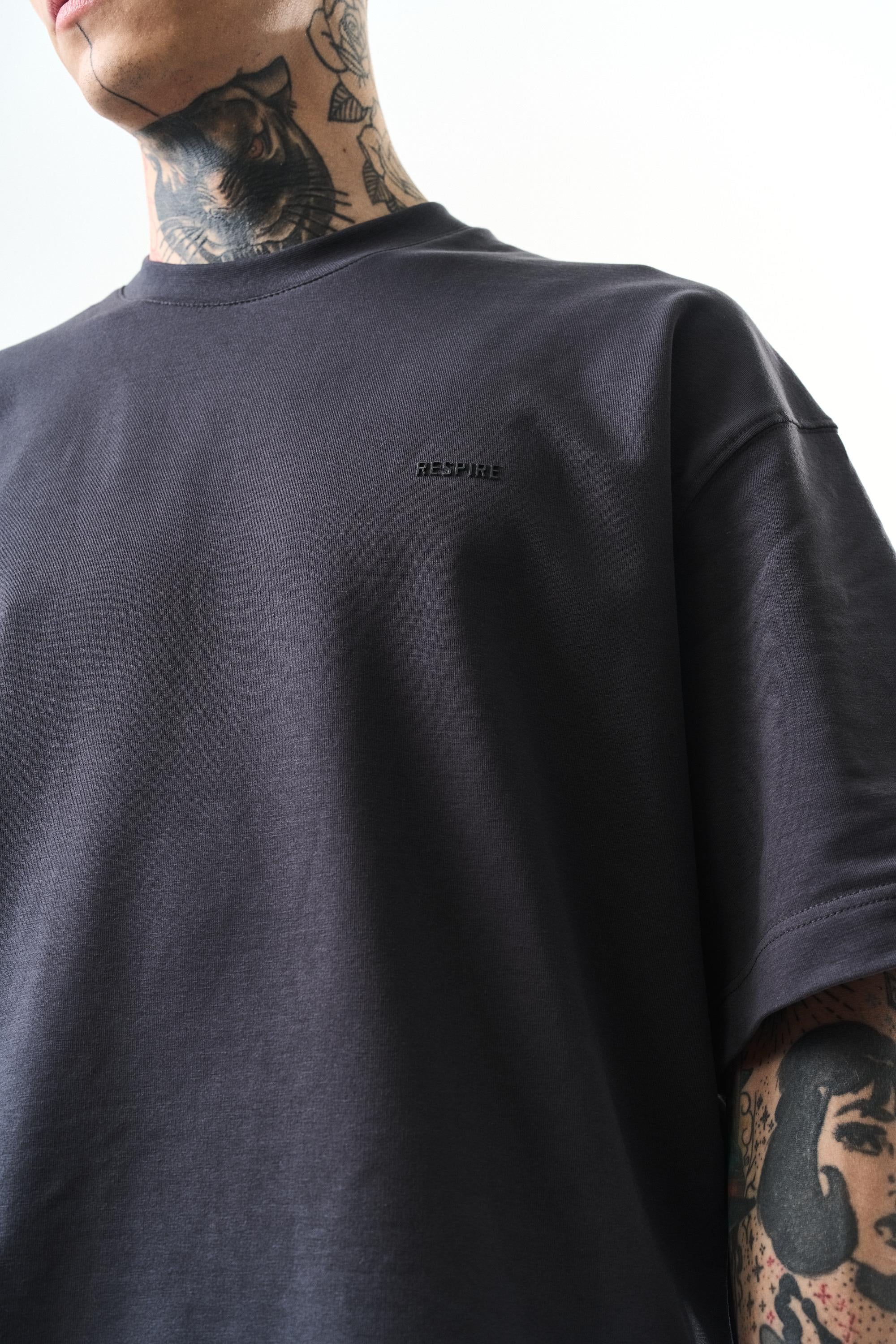 Erkek Respire Yazı Detaylı Oversize T-Shirt Füme