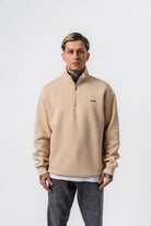Erkek Respire Yazı Detaylı Yarım Fermuarlı Basic Sweatshirt Bej