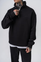 Erkek Respire Yazı Detaylı Yarım Fermuarlı Basic Sweatshirt Siyah