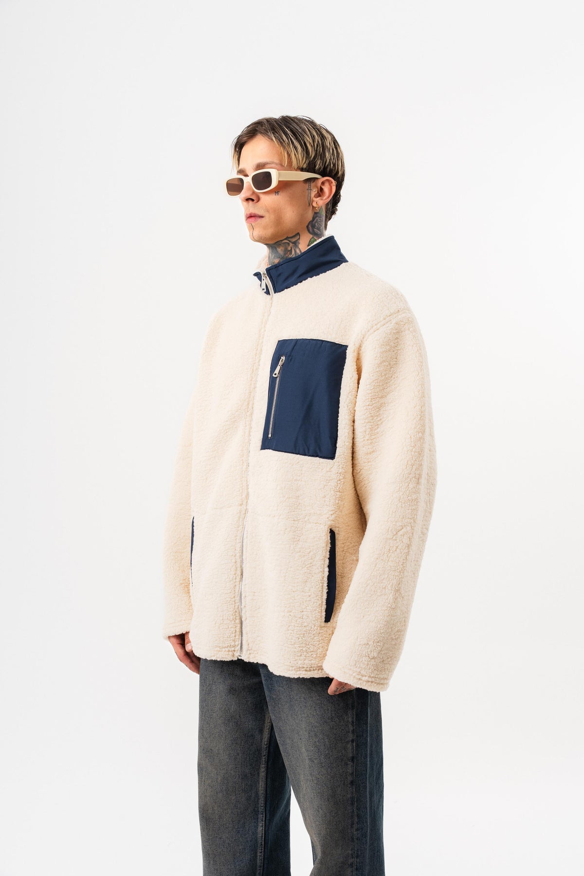 Erkek Zip Oversize Teddy Ceket Ekru