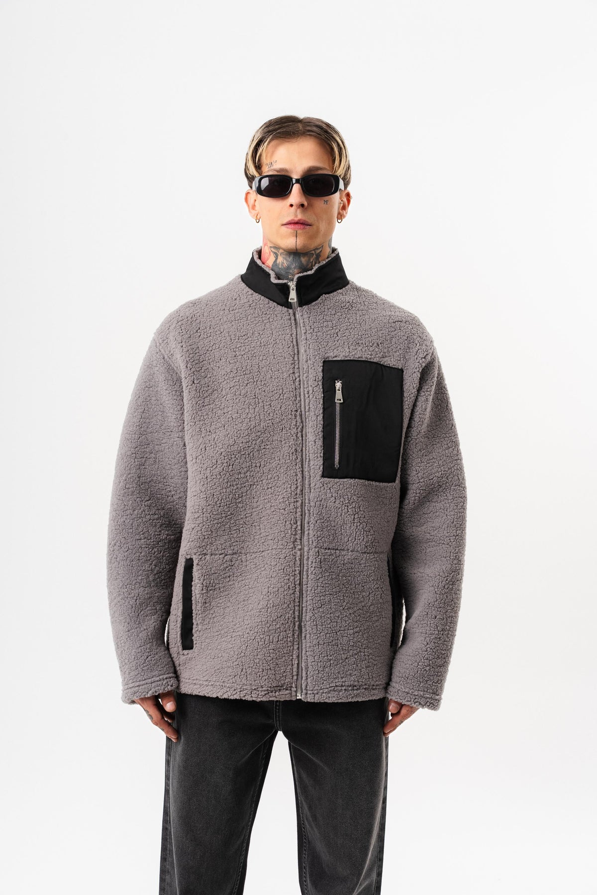 Erkek Zip Oversize Teddy Ceket Gri