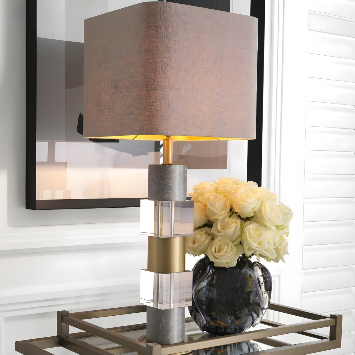 Marmor Lüks Modern Beyaz Mermer Ve Kristal Camlı Eskitme Altın Abajur 35 Cm Salon Yatak Odası Masa Lambası Mrm-51Ul