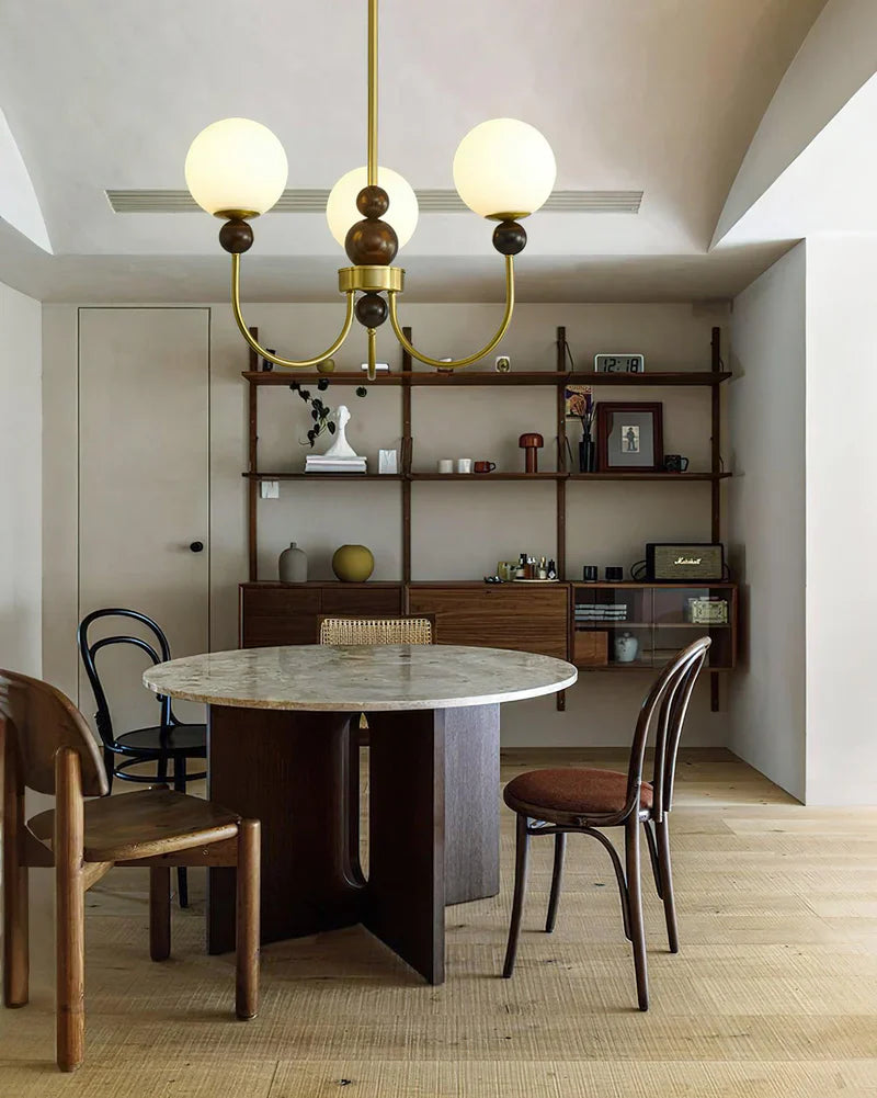 Nostera Camlı Ahşap Avize – 3 / 6 / 8 Camlı Retro Klasik Tasarım, Gold Gövde Ra-Avz- 9186-42-75