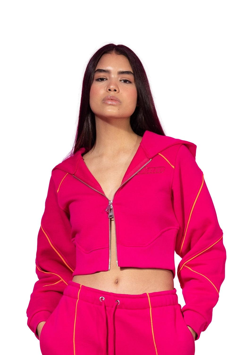 SBNM-Ruby Pink Zip Up Cropped Hoodie-Sweatshirts & Hoodies-2-milagron.live