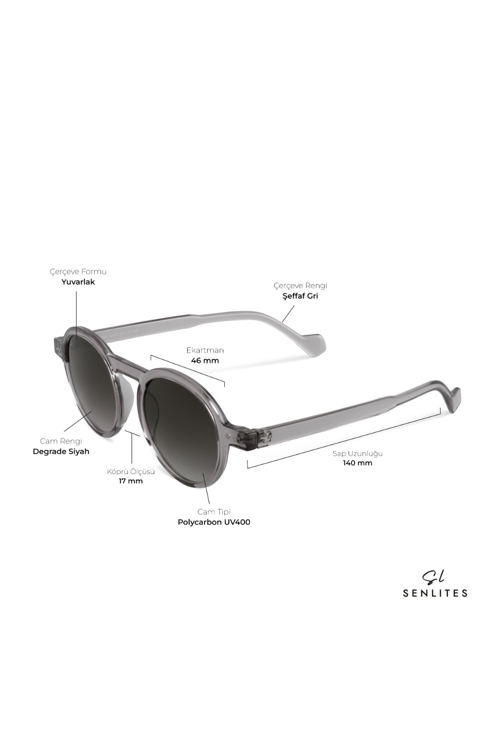 Senlites-Raiane Grigio Unisex Şeffaf Gri Degrade Uv400 Yuvarlak Güneş Gözlüğü-Güneş Gözlüğü-4-milagron.live