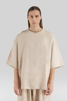 Sertaç Taşdelen-Açık Kahverengi %100 Keten Yuvarlak Yaka Oversized Erkek T-shirt Model T 08-T-Shirts-4-milagron.live