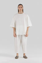 Sertaç Taşdelen-Beyaz %100 Keten Yuvarlak Yaka Oversized Erkek T-shirt Model T 07-T-Shirts-1-milagron.live