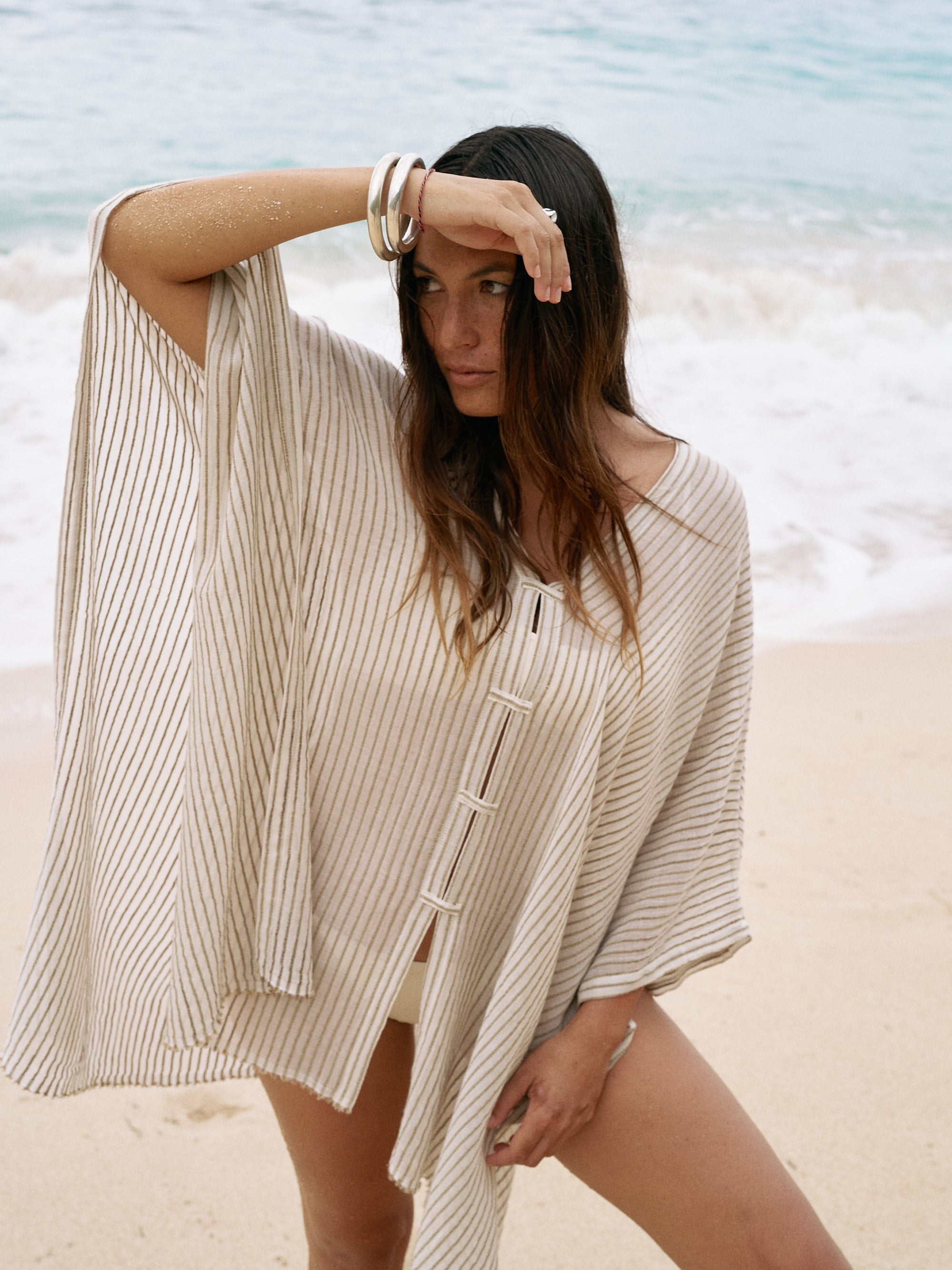 The Handloom-Ava Kimono Khaki Green Stripes-Kimono-2-milagron.live
