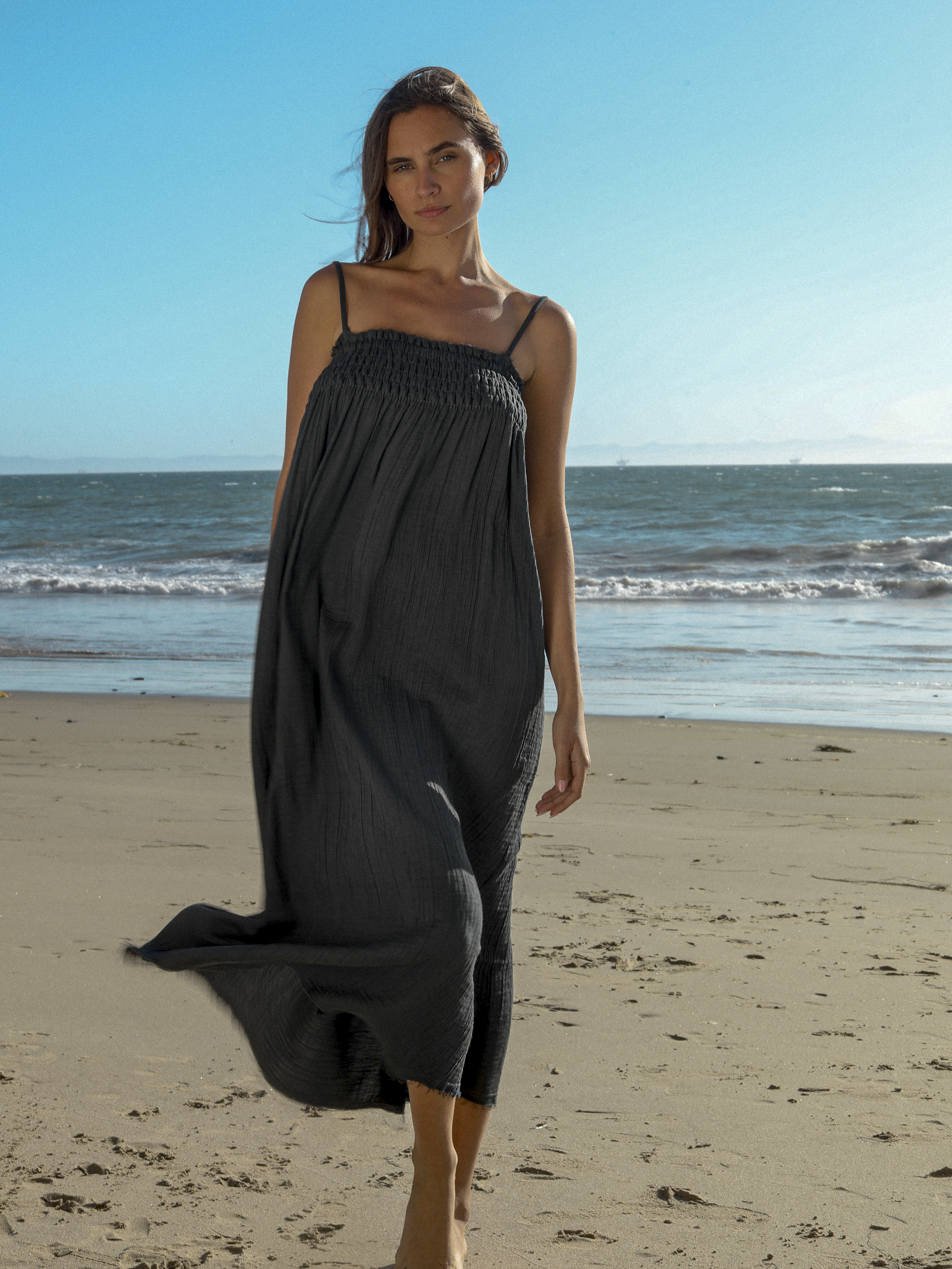 Kaya Smocked Maxi Dress - Charcoal
