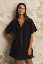 The Handloom-Mae Popover Mini Dress Black-Elbise-1-milagron.live