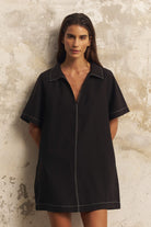 The Handloom-Mae Popover Mini Dress Black-Elbise-3-milagron.live