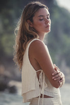 The Handloom-Mia Side Ties Top Natural With Gold Stripes-Top-2-milagron.live