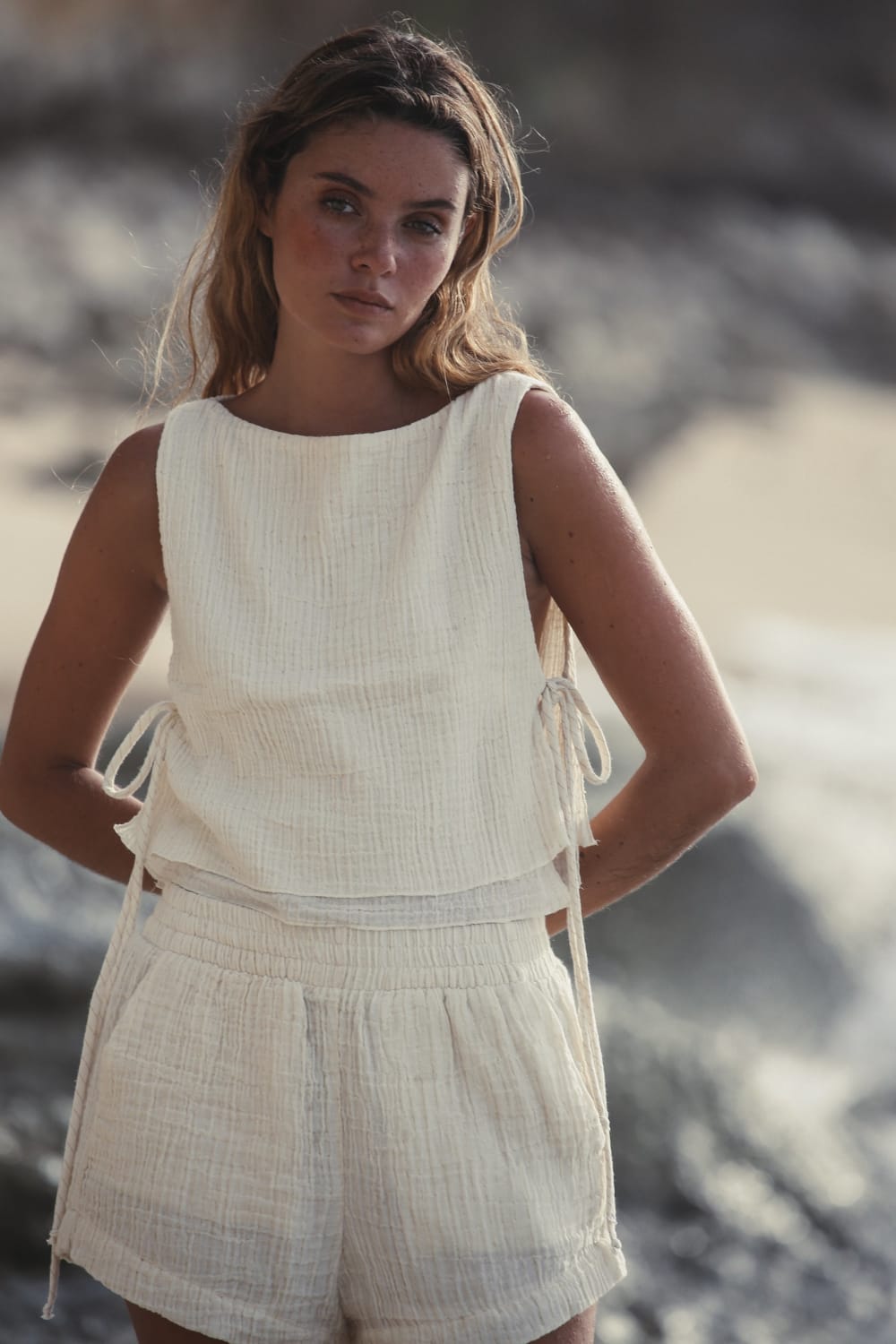 The Handloom-Mia Side Ties Top Natural With Gold Stripes-Top-6-milagron.live
