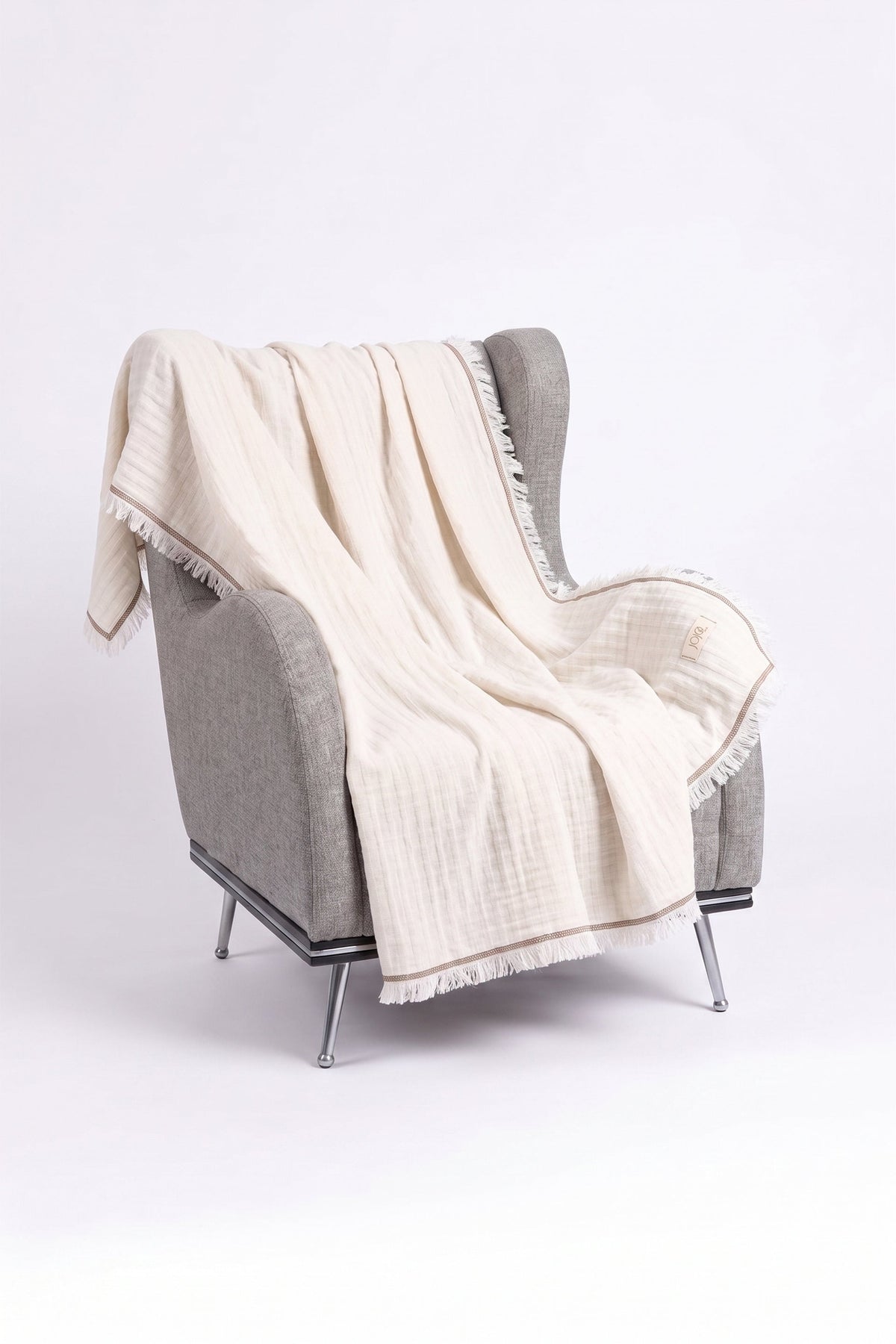 Frig Püsküllü Koltuk Şalı | %100 Pamuk Gofre Dokuma Throw | 130x170 cm
