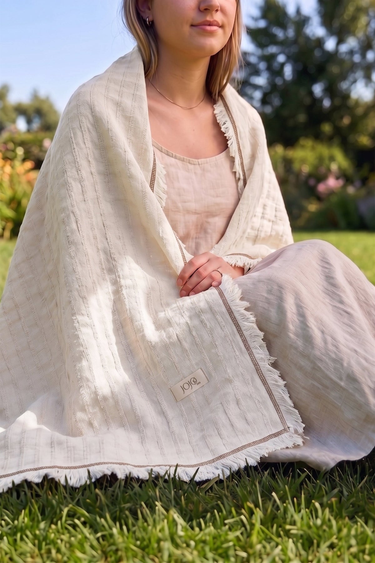 Frig Püsküllü Koltuk Şalı | %100 Pamuk Gofre Dokuma Throw | 130x170 cm