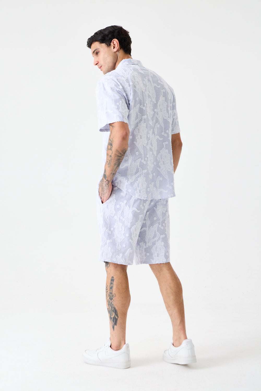 Navy Blue Comfort Jakarlı Çizgili Şort - 4