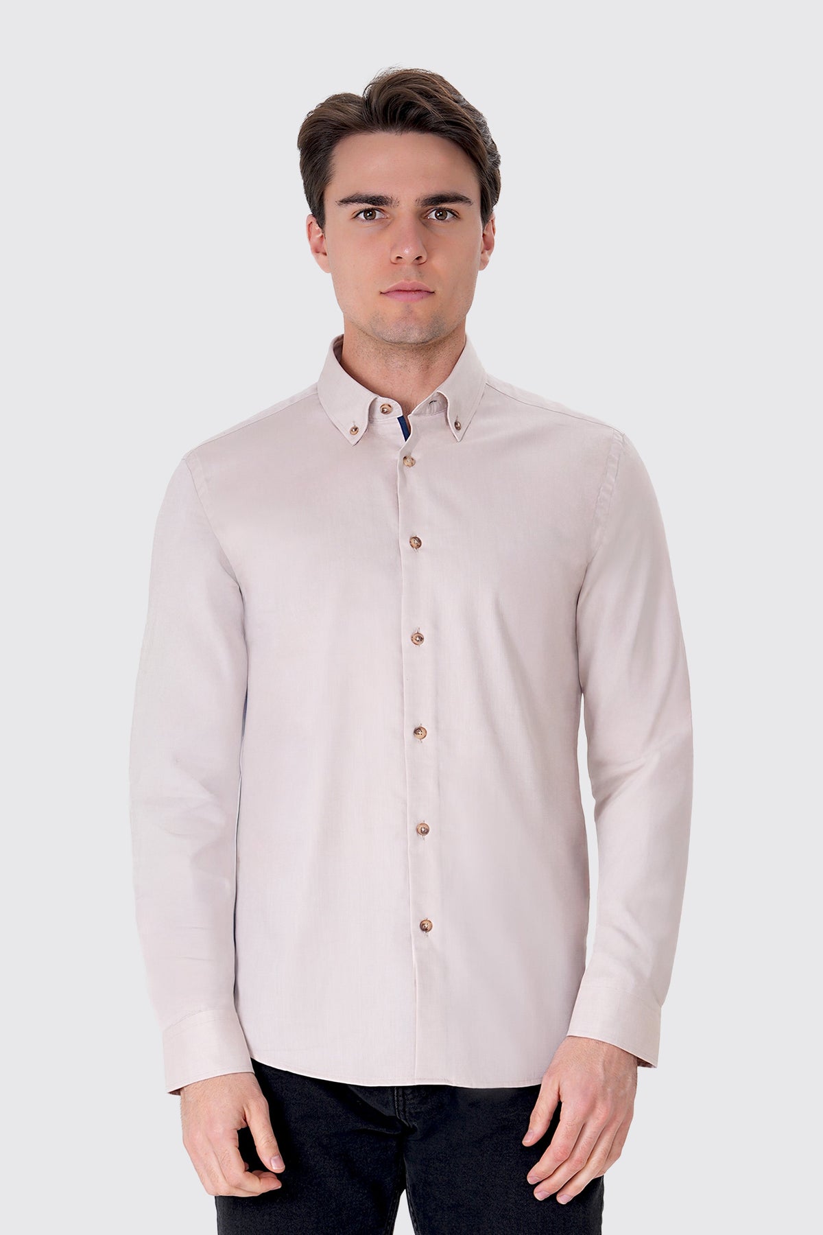 Slim Fit Oxford Erkek Gömlek, Krem - 2