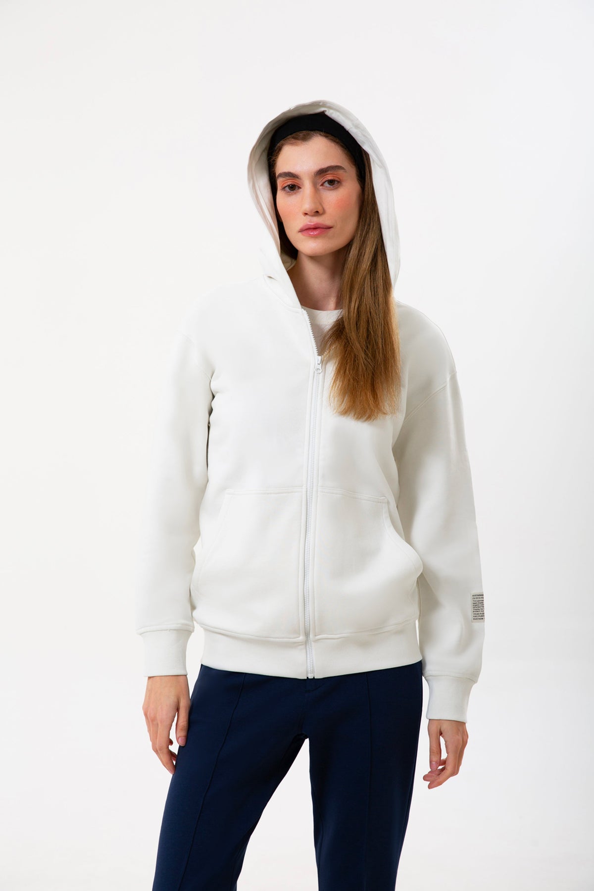 Fermuarlı Logo Nakışlı Sweatshirt, Taş - 1