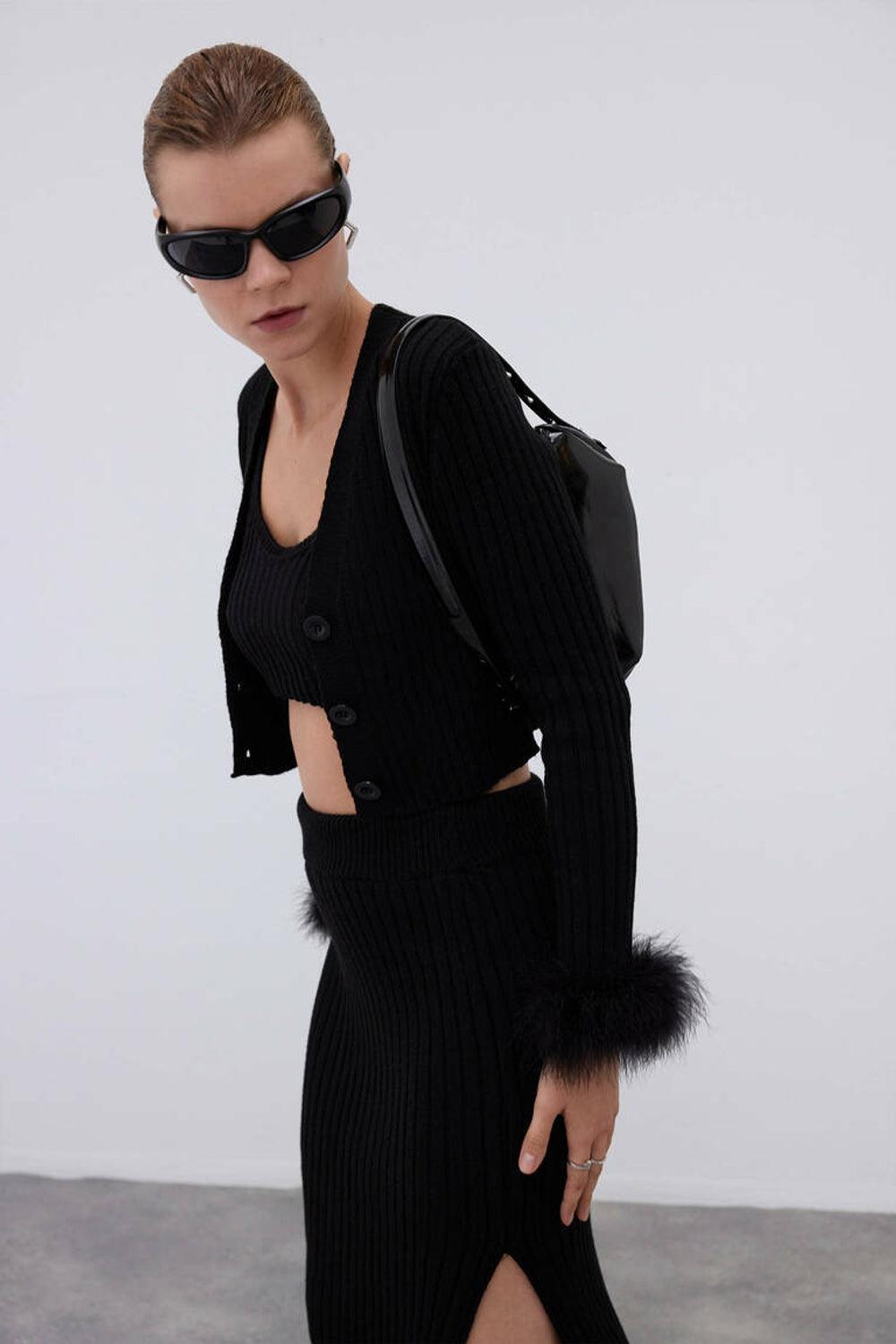 Mozto-SORUNLU - Faye Black Feathered Cardigan-Kazak & Triko-3-milagron.live
