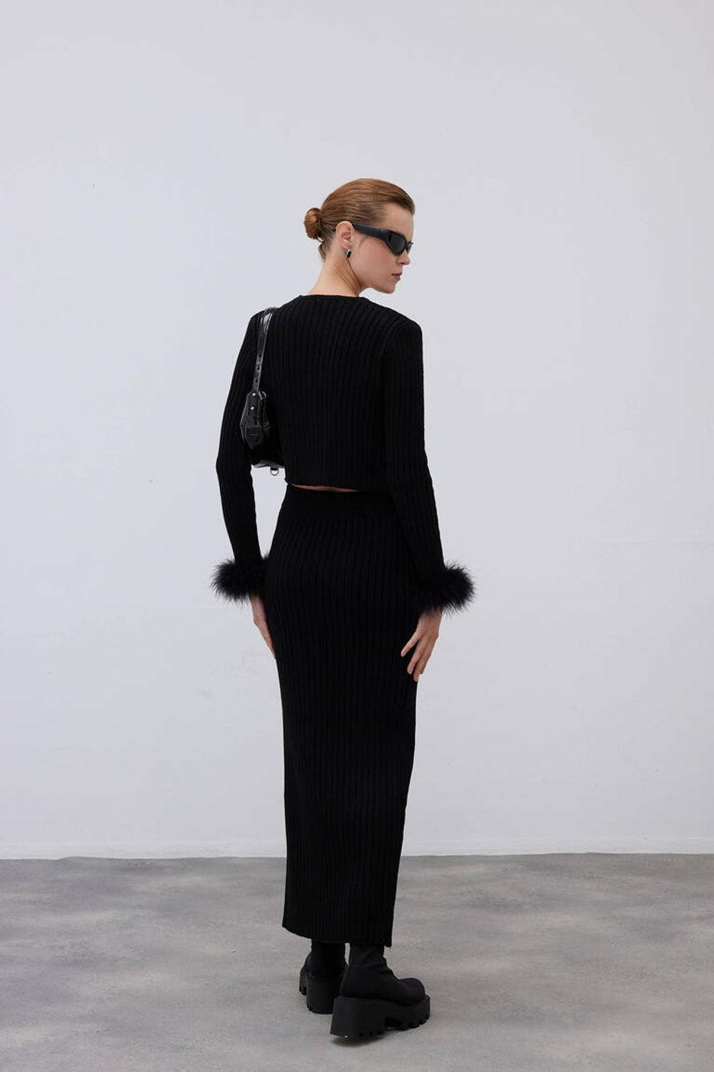Mozto-SORUNLU - Faye Black Feathered Cardigan-Kazak & Triko-4-milagron.live