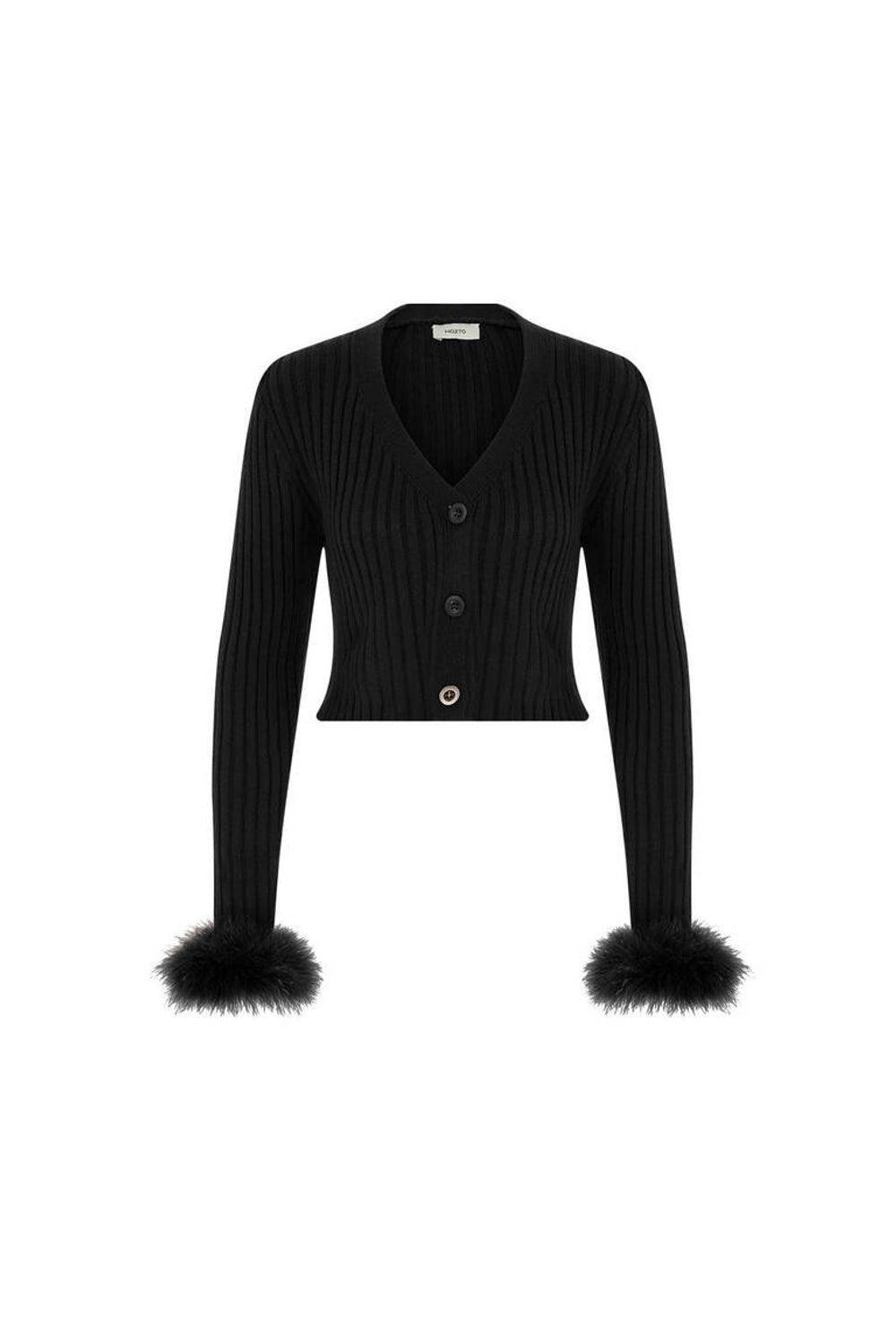 Mozto-SORUNLU - Faye Black Feathered Cardigan-Kazak & Triko-5-milagron.live